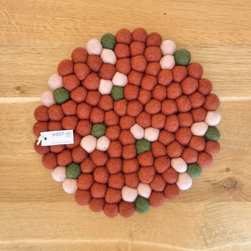 Felt Ball Pot Stand or Placemats. Handmade in Nepal using 100% NZ wool and non-toxic dyes.