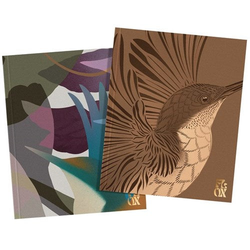 Two notebooks with artistic covers, one with a bird design and the other with abstract art.
