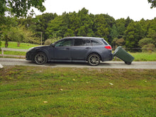 Bin Towa Tow your wheelie bin easily behind the car, van, ute, quad, ride-on etc... No tow ball hitch is needed. Engineered to tow your wheelie bins safely behind your vehicle, up to 10kph, and it holds the lid securely closed too.