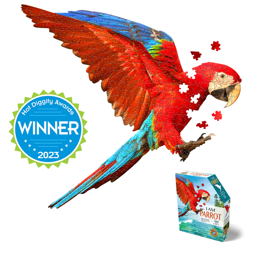 I AM PARROT Unique-shaped 300-piece jigsaw puzzle for ages 10 and up. Each puzzle comes with an educational Madd Capp Fun Facts booklet.