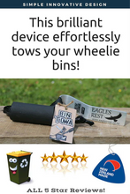 Bin Towa Tow your wheelie bin easily behind the car, van, ute, quad, ride-on etc... No tow ball hitch is needed. Engineered to tow your wheelie bins safely behind your vehicle, up to 10kph, and it holds the lid securely closed too.