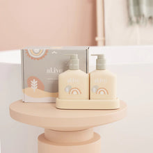 The al.ive baby Hair and Body Duo in Gentle Pear contains a Baby Wash and Body Lotion, both housed in a convenient non-slip tray with easy-to-pump lids.