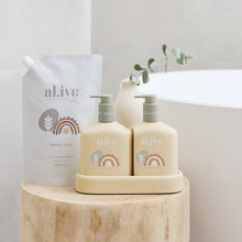 The al.ive baby Hair and Body Duo in Gentle Pear contains a Baby Wash and Body Lotion, both housed in a convenient non-slip tray with easy-to-pump lids.