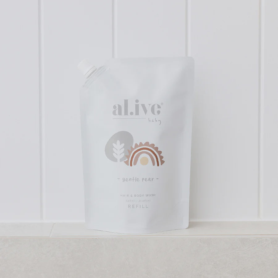 640ml Al.ive gentle pear baby wash refill Our refill pouches are designed to refill your existing al.ive baby bottles, helping to reduce the amount of plastic.