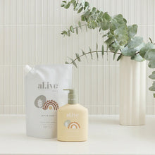 The al.ive baby Hair and Body Duo in Gentle Pear contains a Baby Wash and Body Lotion, both housed in a convenient non-slip tray with easy-to-pump lids.