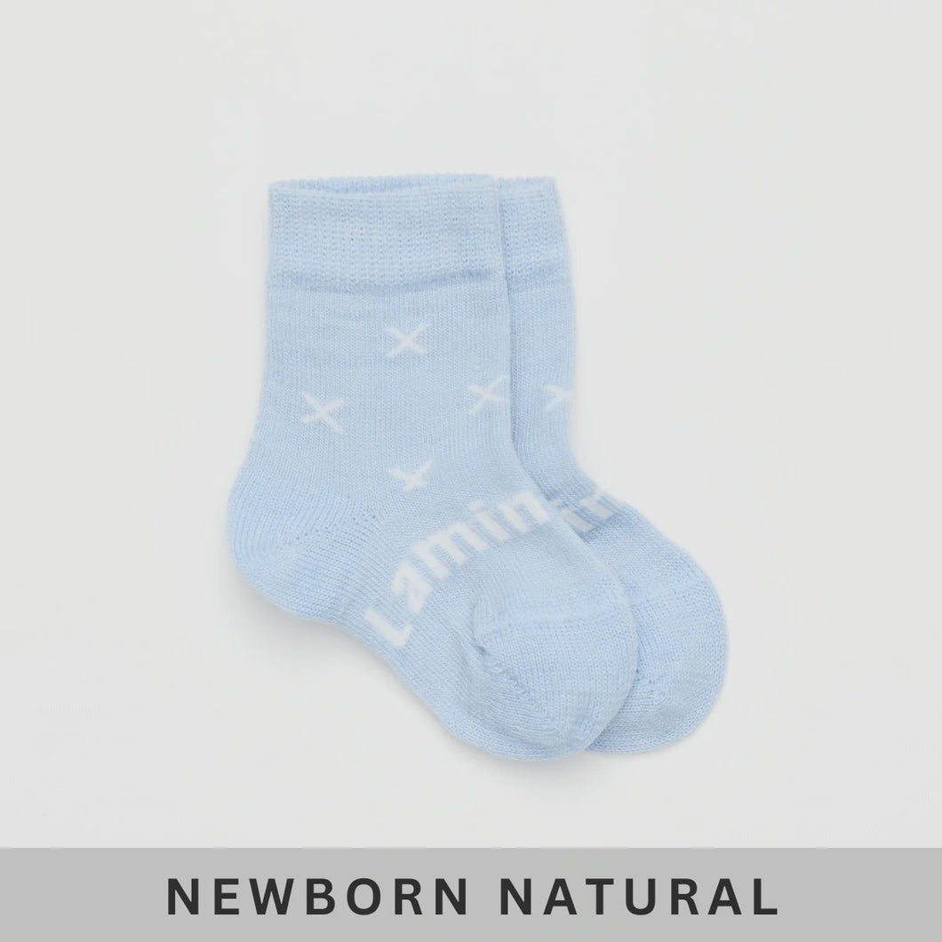 Merino Wool Crew Socks | BABY | Beau by Lamington Socks NEWBORN NATURAL - Beau - Pale Blue with natural crosses crew length merino socks. Baby, Children and Adult gifts, Rosies Gifts, Mosgiel, Dunedin