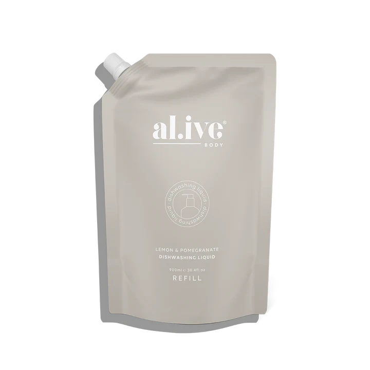 900ml dish wash refill - lemon & pomegranate by Al.ive Description Our refill pouches are designed to refill your existing al.ive kitchen bottles whilst helping to reduce the amount of plastic used. Rosies Gifts, Mosgiel.