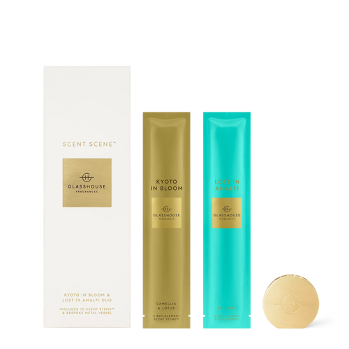 Glasshouse Fragrance Scent Scene Duo - Kyoto in Bloom & Lost in Amalfi. Scent Scene™ - Rosies Gifts Mosgiel, Dunedin An innovative (and incredibly potent) liquid-less diffuser. This set features two scents, one evoking the Mediterranean sea and the other, Japan in spring.