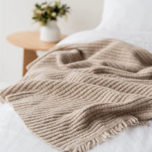 Large Sand Ribbed Throw Foxtrot Home. Made in New Zealand with homegrown lambswool from Kate’s Hawke’s Bay farm. 100% NZ Lambswool Blanket Throw. Rosies Gifts, Mosgiel, Dunedin.