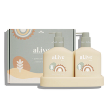 The al.ive baby Hair and Body Duo in Gentle Pear contains a Baby Wash and Body Lotion, both housed in a convenient non-slip tray with easy-to-pump lids.