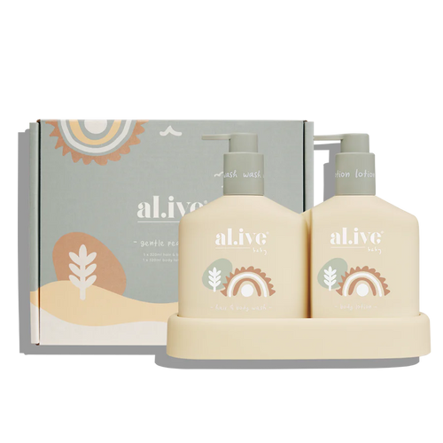 The al.ive baby Hair and Body Duo in Gentle Pear contains a Baby Wash and Body Lotion, both housed in a convenient non-slip tray with easy-to-pump lids.