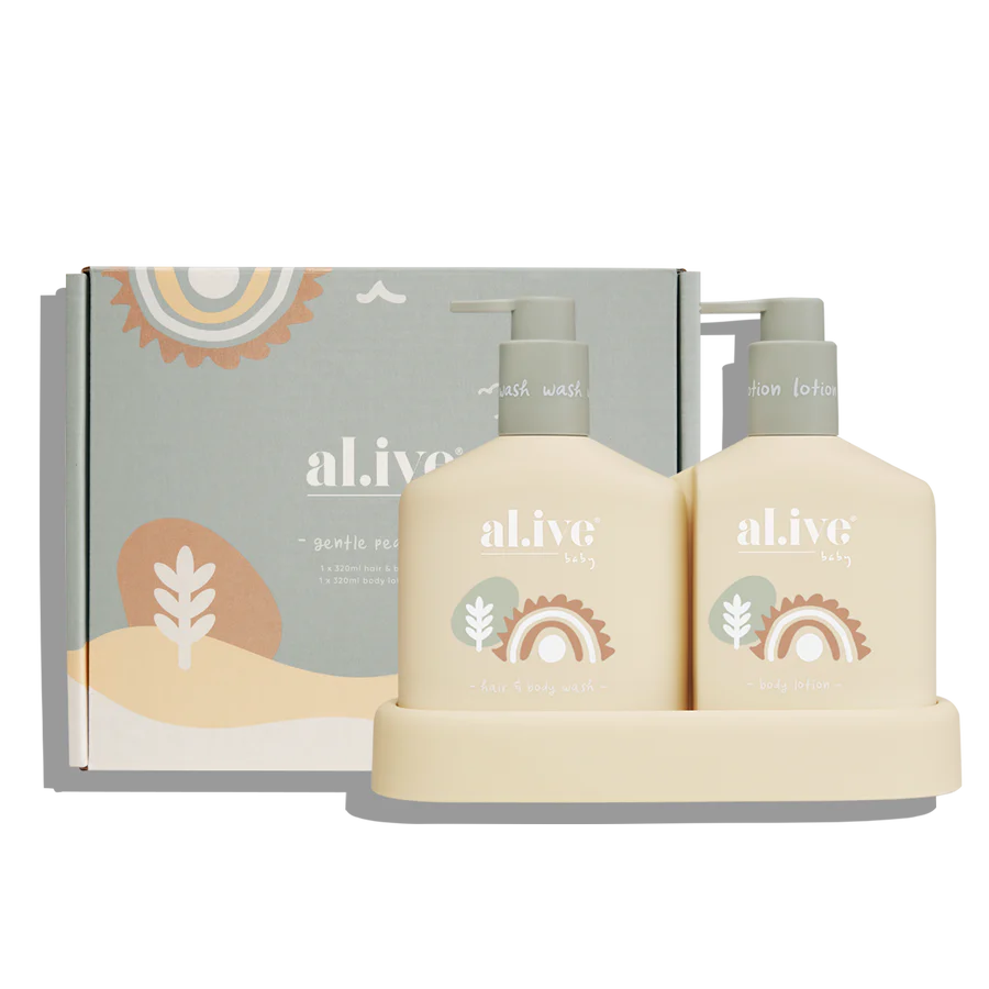 The al.ive baby Hair and Body Duo in Gentle Pear contains a Baby Wash and Body Lotion, both housed in a convenient non-slip tray with easy-to-pump lids.