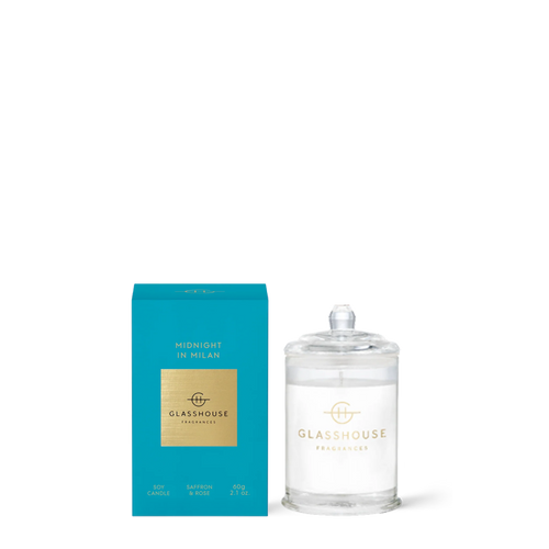 Glasshouse Fragrance. Midnight in Milan SAFFRON & ROSE 60g Triple Scented Soy Candle A travel-sized mini perfect for a portable sensory escape. FRAGRANCE Top Notes: Saffron Middle Notes: Rose Base Notes: Moss, Dry Amber, Musk. Rosies Gifts, Mosgiel, Dunedin