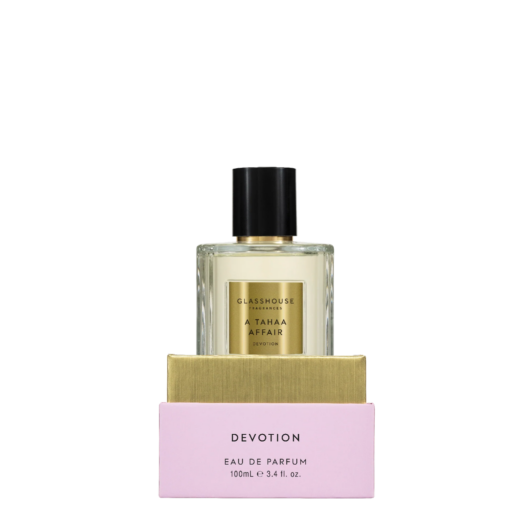 A TAHAA AFFAIR DEVOTION - 100ml EDP BUTTERSCOTCH CARAMEL & JASMINE 100mL Eau de Parfum by Glasshouse Fragrances. Rosies Gifts, Mosgiel, Dunedin for your bath, body and home fragrances.