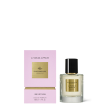 A TAHAA AFFAIR DEVOTION BUTTERSCOTCH CARAMEL & JASMINE 50mL Eau de Parfum. Be swept away with brown sugar caramel, vanilla orchid and a sparkling sea accord. Glasshouse Fragrances perfume, candles, diffusers all available at Rosies Gifts, Mosgiel, Dunedin.