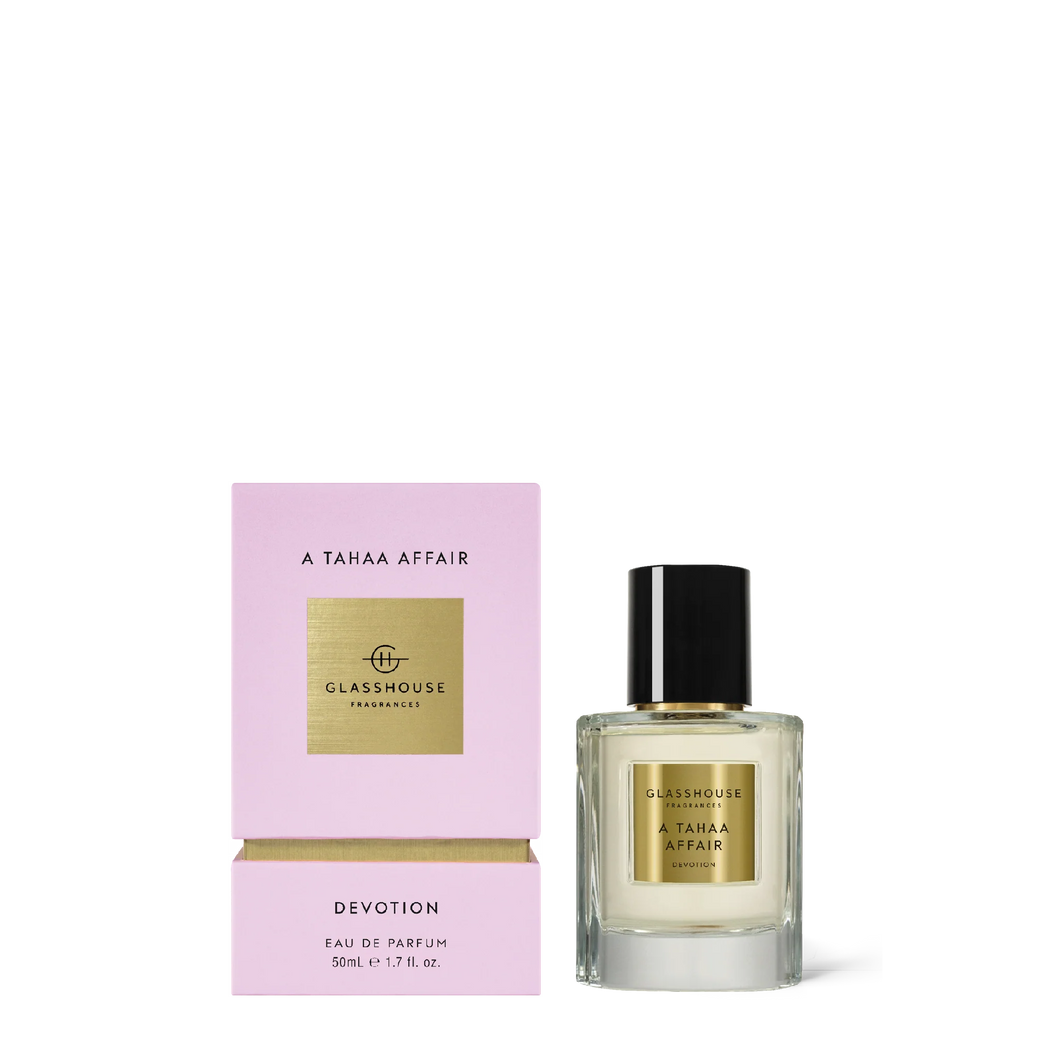 A TAHAA AFFAIR DEVOTION BUTTERSCOTCH CARAMEL & JASMINE 50mL Eau de Parfum. Be swept away with brown sugar caramel, vanilla orchid and a sparkling sea accord. Glasshouse Fragrances perfume, candles, diffusers all available at Rosies Gifts, Mosgiel, Dunedin.