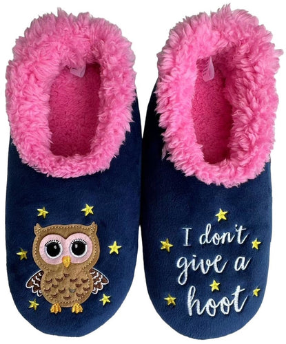 Slumbies!® Pairables - I don't give a hoot. Slumbies are furry and cosy sleepy time foot wear to make feet warm in cold weather. They are light weight with non-slip soles. Rosies Gifts, Mosgiel, Dunedin