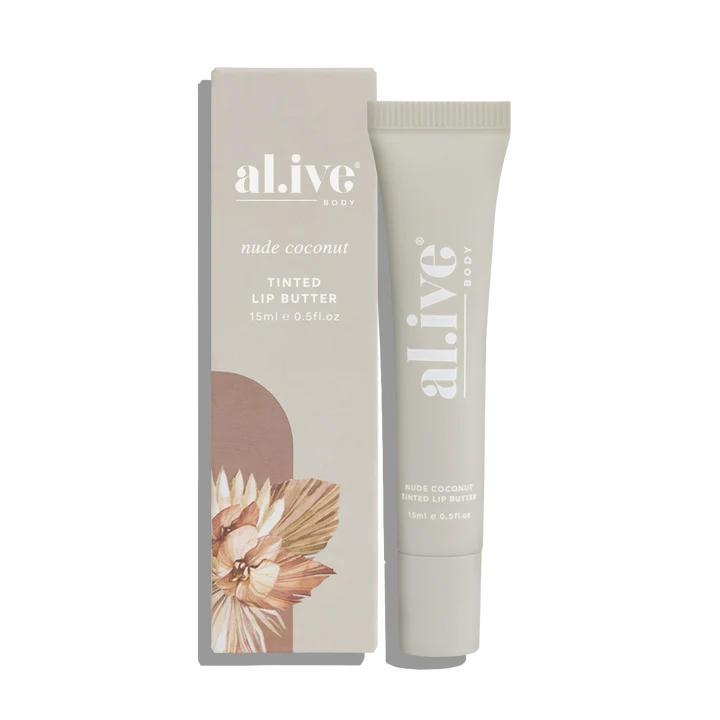 Tinted lip butter - nude coconut by Al.ive Description A super rich, moisturising lip butter that nourishes and softens lips, while adding a perfectly wearable nude tint that suits any lip or occasion. Featuring coconut fruit and botanical extracts. Rosies Gifts, Mosgiel.