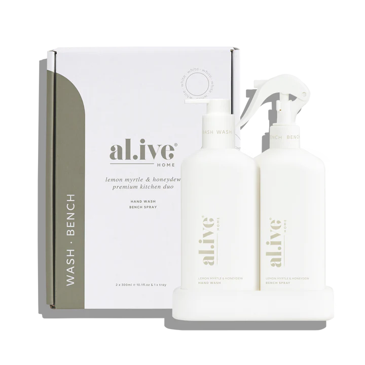 Kitchen duo - lemon myrtle & honeydew by Al.ive Enhance your kitchen routine with our Lemon Myrtle & Honeydew Kitchen Duo in Crisp White. This set includes our Bench Spray and Hand Wash. Rosies gifts.