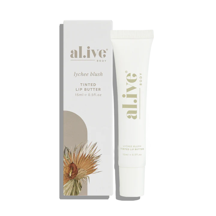 Al.ive Tinted lip butter - lychee blush. Super rich, moisturising lip butter that nourishes and softens lips, while adding a perfectly subtle pink tint. Featuring lychee fruit and botanical extracts, this buttery formula effortlessly melts into lips. Rosies Gifts, Mosgiel, Dunedin.