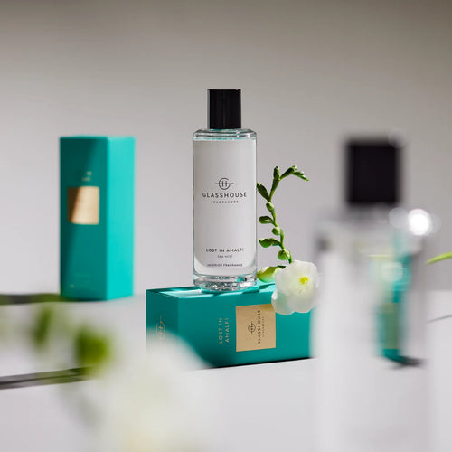 Glasshouse Fragrance - Lost in Amalfi SEA MIST Interior Fragrance / Room Spray. Freesia, lavender and lime conjure up the perfect vacation spent sipping iced Limoncello by the sea. Rosies Gifts & Homeware, Mosgiel, Dunedin for quality products for Mother's Day, Birthday, Anniversary & more.