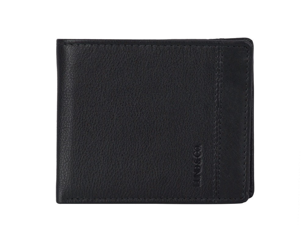 Black leather wallet with brand logo on a white background