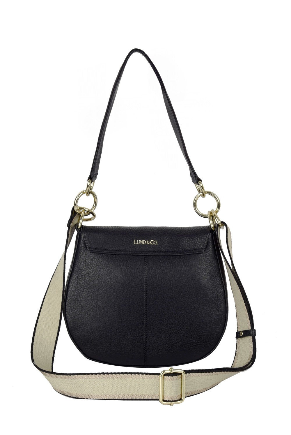Black handbag with a beige strap on a white background