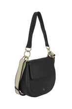 Black handbag with beige accents on a white background