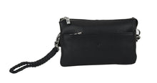 Black leather wristlet with a strap on a white background