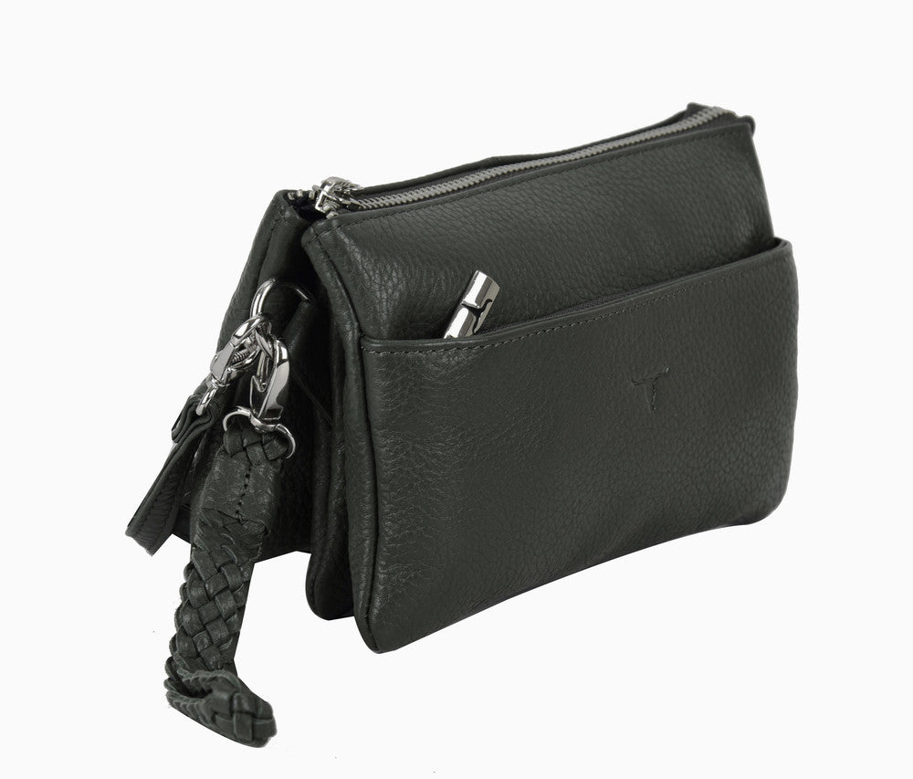 Forest Greenleather crossbody bag with a chain detail on a white background