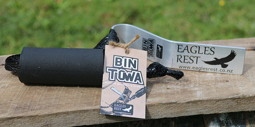 Bin Towa Tow your wheelie bin easily behind the car, van, ute, quad, ride-on etc... No tow ball hitch is needed. Engineered to tow your wheelie bins safely behind your vehicle, up to 10kph, and it holds the lid securely closed too.