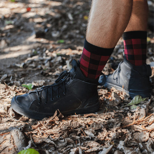 Merino Wool Crew Socks | MAN | Hunt Hunt - Black and Red merino wool crew socks for men + women. New Zealand Made, sizes knitted into every pair so no confusion over whose are whose! 70% Merino Wool. Rosies Gifts, Mosgiel, Dunedin.