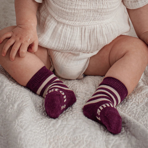Merino Wool Crew Socks | BABY | Plum Plum -Purple and Oatmeal striped merino wool crew socks for babies. New Zealand Made. 70% Merino Wool, 25% Nylon + 5% Elastane Colours may vary slightly to photo depending on the batch. Rosies Gifts, Mosgiel, Dunedin