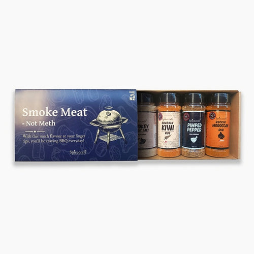 Smoke Meat Not Meth Seasoning Gift Box Description With this much flavour at your fingertips in the Smoke Meat Not Meth Seasoning Gift Box, you’ll be craving a BBQ everyday! Full of flavour, Spicecraft produces all-natural seasonings right here in NZ. Rosies Gifts, Mosgiel, Dunedin.