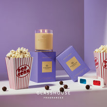 Glasshouse Fragrance - Movie Night 380g Candle CARAMEL POPCORN & CHOC TOPS 380g Triple Scented Soy Candle. aramelised popcorn, creamy vanilla ice cream & almond-topped waffle cones. Rosies Gifts & Homeware, Mosgiel, Dunedin for quality candle, diffuser and room fragrances. 