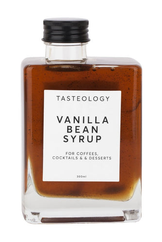Tasteology Vanilla Bean Syrup This creamy Vanilla Bean Syrup is perfect in coffees, milkshakes, desserts, cocktails and on ice cream. It comes in a high-quality glass bottle with a screw-on cap. Rosies Gifts, Mosgiel, Dunedin