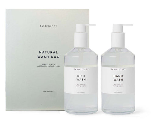 Tasteology Wash Duo Box  - Australian Flora Contains 1 x Hand Wash & 1 x Dish Wash Formulated to be all natural, plant based, biodegradable and without any nasty chemicals, presented in a refillable high quality glass bottle. Rosies Gifts, Mosgiel, Dunedin
