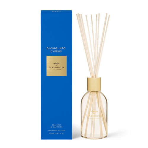 SEA SALT & SAFFRON 250mL Glasshouse Fragrance Diffuser Rosie's Mosgiel A clever flameless scent solution for uninterrupted ambience. Like a dip in the Med sea, with amber and peach balanced by woods, lavender and moss.