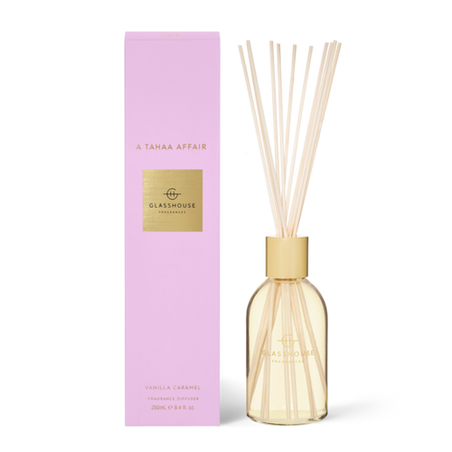 Glasshouse Fragrances - A Tahaa Affair 250ml Diffuser VANILLA CARAMEL Rosies Gifts Mosgiel, Dunedin A flameless scent for uninterrupted ambience. Ambrosial with lush caramel and coconut, it’ll transport you to the beaches of Tahaa. Top Notes: Pineapple  Middle Notes: Coconut Fruity Base Notes: Caramel & Vanilla