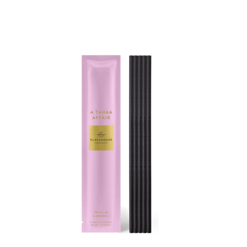 Glasshouse Fragrances - Scent Scene Replacement Sticks, Rosies Gifts Mosgiel, Dunedin - A Tahaa Affair - Vanilla & Caramel. 5 Scent Scene refills - Ambrosial with heavenly caramel and coconut, it’ll take you to the beaches of Tahaa. Top Notes: Pineapple  Middle Notes: Coconut Fruity Base Notes: Caramel and Vanilla