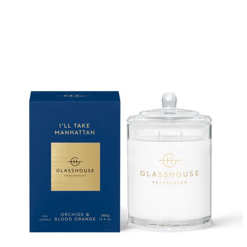 Glasshouse Fragrances - I'LL TAKE MANHATTAN - Rosies Mosgiel. Triple Scented Soy Candle. A transcendent everyday luxury, it creates instant ambience. Made with natural lead-free cotton wicks and the highest quality non-toxic soy blend wax for a burn that is pure and intensely fragrant.