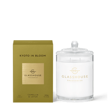 Glasshouse Fragrances Soy Candle 380g - KYOTO IN BLOOM, Rosies Gifts Mosgiel, Dunedin. CAMELLIA & LOTUS Sweet, ethereal, diaphanous, like lotus &cherry blossoms caught in a spring breeze. Fragrance: Top Notes: Fresh lime, Bergamot, Citrus  Middle Notes: Camellia and Lotus Base Notes: Amber, Sandalwood, Musk, Vanilla