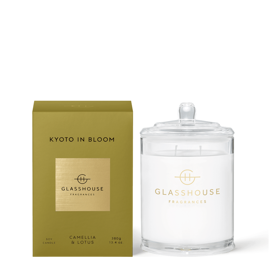 Glasshouse Fragrances Soy Candle 380g - KYOTO IN BLOOM, Rosies Gifts Mosgiel, Dunedin. CAMELLIA & LOTUS Sweet, ethereal, diaphanous, like lotus &cherry blossoms caught in a spring breeze. Fragrance: Top Notes: Fresh lime, Bergamot, Citrus  Middle Notes: Camellia and Lotus Base Notes: Amber, Sandalwood, Musk, Vanilla