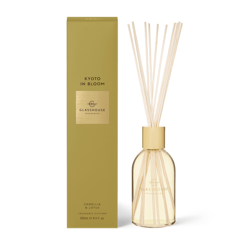 Glasshouse Fragrances 250ml Fragrance Diffuser - Kyoto In Bloom CAMELLIA & LOTUS Rosie's Gifts Mosgiel, Dunedin. Sweet, ethereal, diaphanous - like lotus and cherry blossoms caught in a spring breeze. Top Notes: Fresh lime, Bergamot, Citrus  Middle Notes: Camellia and Lotus Base Notes: Amber, Sandalwood, Musk, Vanilla