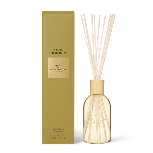Glasshouse Fragrances 250ml Fragrance Diffuser - Kyoto In Bloom CAMELLIA & LOTUS Rosie's Gifts Mosgiel, Dunedin. Sweet, ethereal, diaphanous - like lotus and cherry blossoms caught in a spring breeze.