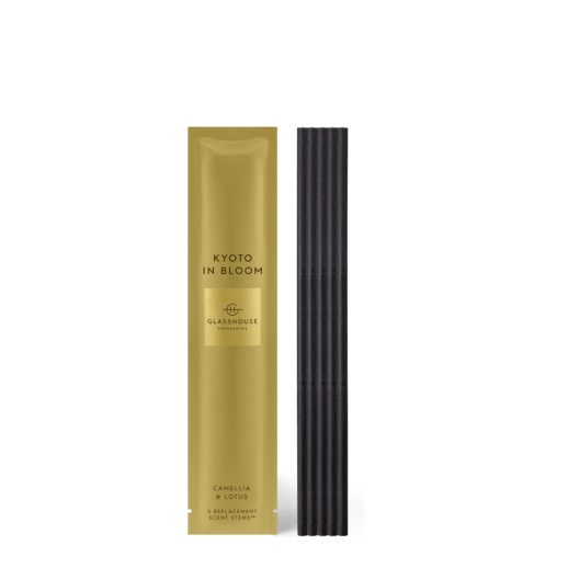 Glasshouse Fragrances - Scent Scene, Kyoto in Bloom, Rosies Gifts Mosgiel, Dunedin CAMELLIA & LOTUS Replacement Scent Stems Sweet, ethereal, diaphanous - like lotus & cherry blossoms in a spring breeze. Top Notes: Fresh lime, Bergamot, Citrus Middle Notes: Camellia & Lotus Base Notes: Amber, Sandalwood, Musk, Vanilla