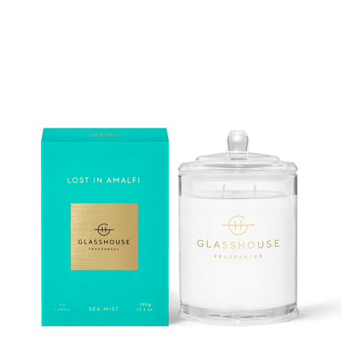 Glasshouse Fragrances Soy Candle 380g - LOST IN AMALFI SEA MIST Rosies Gifts, Mosgiel Dunedin. Impressions of crystal clear water and zesty Limoncello come from freesia, lime and moss. Top Notes: Freesia, Thyme and Tarragon  Middle Notes: Lavender and Moss Base Notes: Musk and Patchouli