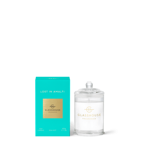 Glasshouse Soy Candle Lost in Amalfi 60g. Triple Scented Soy Candle. Rosies Gifts Mosgiel, Dunedin.  A transcendent everyday luxury, it creates instant ambience. Made with natural lead-free cotton wicks and the highest quality non-toxic soy blend wax for a burn that is pure and intensely fragrant.