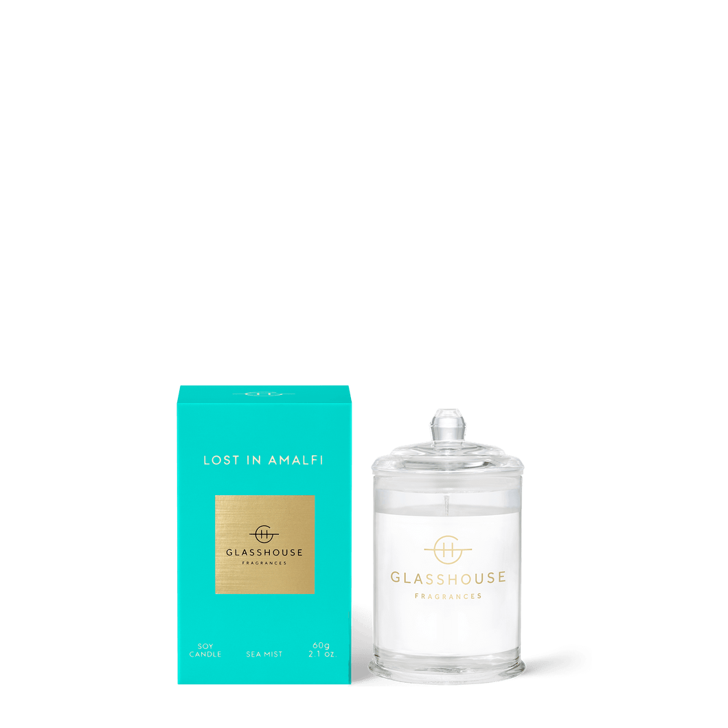 Glasshouse Soy Candle Lost in Amalfi 60g. Triple Scented Soy Candle. Rosies Gifts Mosgiel, Dunedin.  A transcendent everyday luxury, it creates instant ambience. Made with natural lead-free cotton wicks and the highest quality non-toxic soy blend wax for a burn that is pure and intensely fragrant.