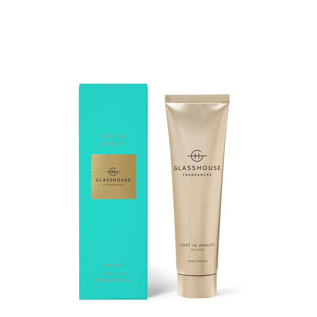 Glasshouse Fragrance Hand cream.  Lost in Amalfi - Rosies Mosgiel. SEA MIST.100mL Hand Cream. Enriched with shea and apricot kernel oil, hands are left silky but never greasy. Freesia, lavender, lime and moss evoke cool water and sea air.